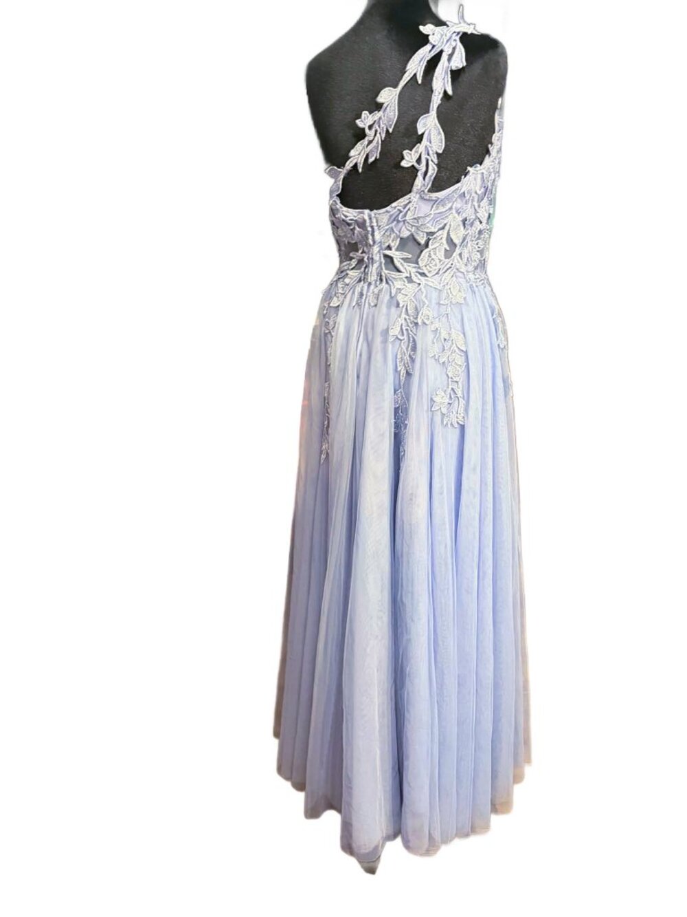 Gorgeous Sheer Midriff Sequined Applique One Shoulder Gown - Picture 4 of 7